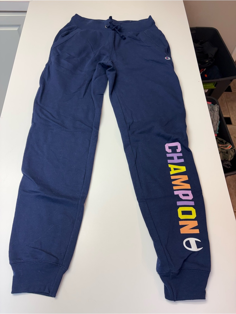 Champion Navy Kids Jogger Sweatpants with Multicolor Lettering